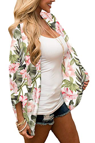 Damen Sommer Blumen Tops Blatt Kimono Cardigan Strand Cover Up Casual Bluse Capes (Weiß Grün, 3XL), weiß / grün, 3X-Groß von CHICGAL