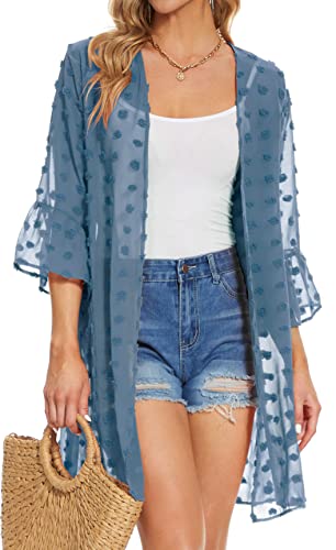 Damen Sommer Kimono Cardigan Poms Quaste Ruff Ärmel Chiffon Sheer Casual Badeanzug Cover Up Tops (Dunstblau, 3XL), Misty Blue Flower, 3X-Groß von CHICGAL