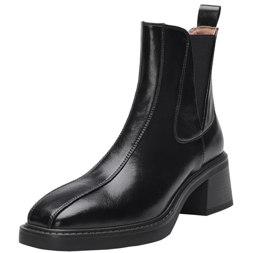 CHICMARK Damen Chelsea Stiefeletten/Slip-On Klobige Absätze Stiefeletten aus Rindsleder mit Quadratischer Spitze für den Winter (Schwarz, 42) von CHICMARK