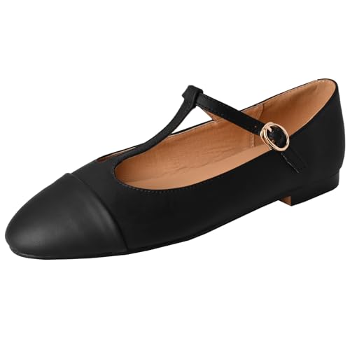 CHICMARK Damen Komfort T-Strap Ballerinas aus Echtem Leder mit Runder Spitze (Schwarz, 43) von CHICMARK