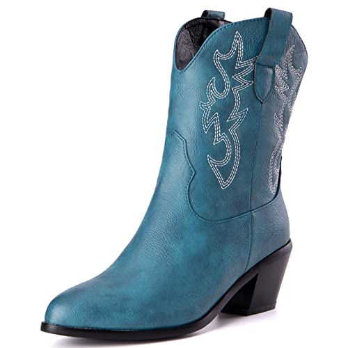 CHICMARK Damen Kurze Schaft Western Cowboystiefel mit Spitzen Zehen- und Blockabsätzen (Blau, 40) von CHICMARK