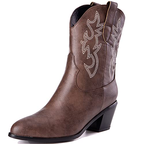 CHICMARK Damen Kurze Schaft Western Cowboystiefel mit Spitzen Zehen- und Blockabsätzen (Dunkelbraun, 43) von CHICMARK