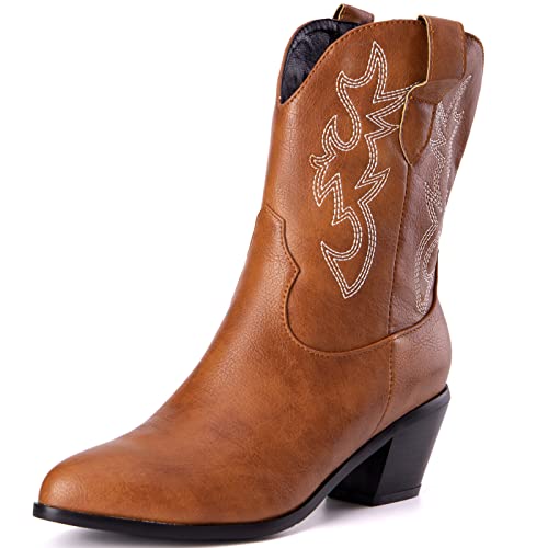 CHICMARK Damen Kurze Schaft Western Cowboystiefel mit Spitzen Zehen- und Blockabsätzen (Hellbraun, 32) von CHICMARK