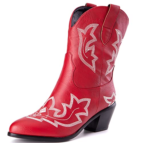 CHICMARK Damen Kurze Schaft Western Cowboystiefel mit Spitzen Zehen- und Blockabsätzen (Rot, 39) von CHICMARK