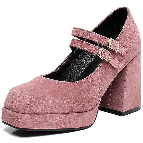 CHICMARK Damen Plateauschuhe Mary Jane Schuhe mit Blockabsatz und Eckiger Zehenpartie für Bälle/Partys/Dates (Rosa, 38) von CHICMARK