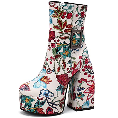 CHICMARK Damen-Plateauschuhe mit Kurzem Schaft/Stiefeletten mit Superhohem Blockabsatz und Runder Zehenpartie für Partys (Weiß, 45) von CHICMARK