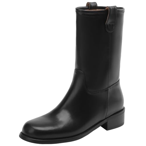 CHICMARK Damen Slip-On Stiefeletten aus Echtem Leder mit Runder Spitze und Klobigen Absatz (Schwarz, 39) von CHICMARK