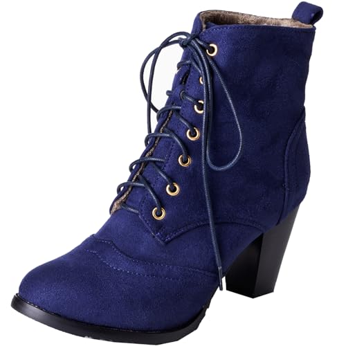 CHICMARK Damen Stiefel mit Blockabsatz Schnürsenkel Stiefeletten (Matt Dunkelblau, 42 EU) von CHICMARK