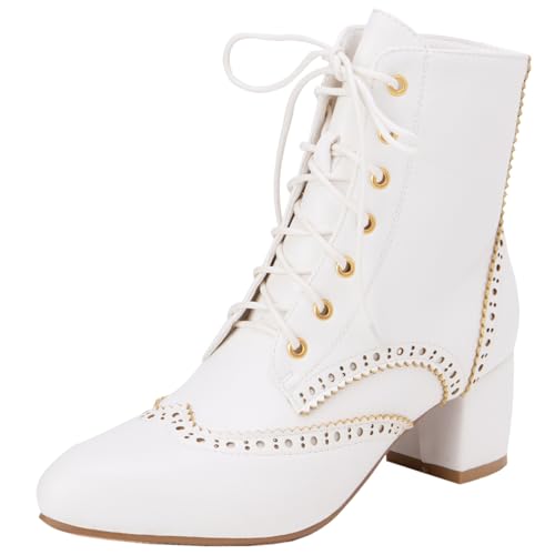 CHICMARK Damen Vintage Stiefeletten mit Runder Spitze und Blockabsatz (Weiß, 39) von CHICMARK