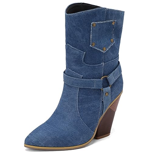 CHICMARK Damen Winter Cowboy Stiefeletten Westernstiefel mit Spitzer Zehenpartie und Keilabsatz (Blau, 38) von CHICMARK