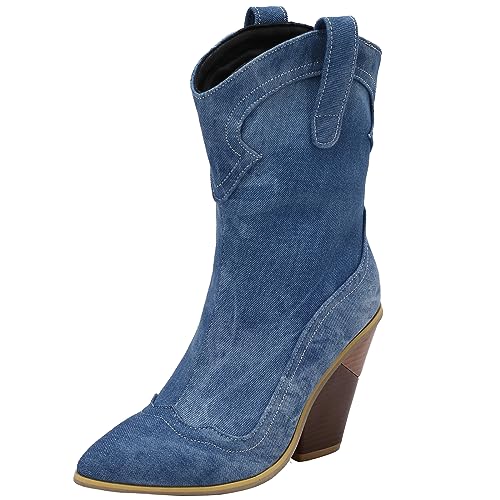 CHICMARK Damen Winter Cowboy Stiefeletten Westernstiefel mit Spitzer Zehenpartie und Keilabsatz (Blau, 41) von CHICMARK