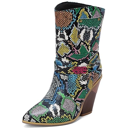 CHICMARK Damen Winter Cowboy Stiefeletten Westernstiefel mit Spitzer Zehenpartie und Keilabsatz (Grüner Schlangenprint, 37) von CHICMARK