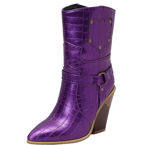 CHICMARK Damen Winter Cowboy Stiefeletten Westernstiefel mit Spitzer Zehenpartie und Keilabsatz (Lila, 41) von CHICMARK