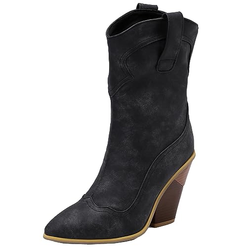 CHICMARK Damen Winter Cowboy Stiefeletten Westernstiefel mit Spitzer Zehenpartie und Keilabsatz (Schwarz, 39) von CHICMARK