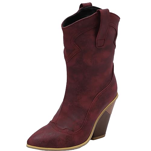 CHICMARK Damen Winter Cowboy Stiefeletten Westernstiefel mit Spitzer Zehenpartie und Keilabsatz (Weinrot, 39) von CHICMARK