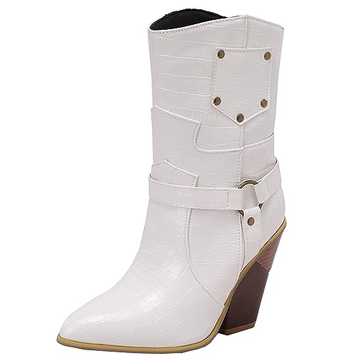 CHICMARK Damen Winter Cowboy Stiefeletten Westernstiefel mit Spitzer Zehenpartie und Keilabsatz (Weiß, 37) von CHICMARK