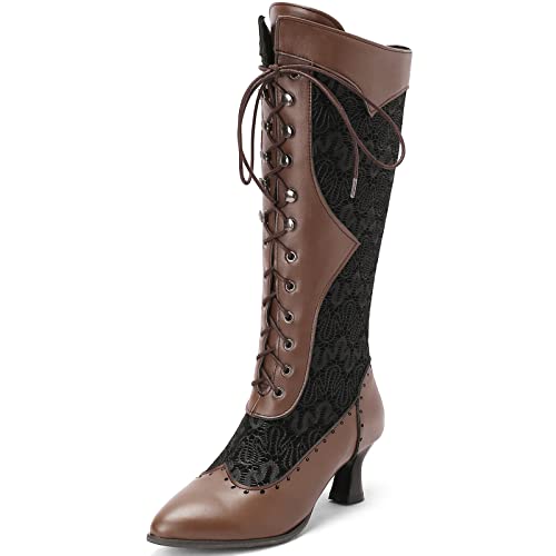 CHICMARK Damenmode Schnürstiefel Kniehoch/Jacke Stiefel mit Kitten Heel(Braun,42) von CHICMARK