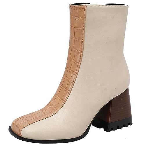 CHICMARK Herbst/Winter Lässige Chunky Heels Stiefeletten mit Eckiger Spitze für Damen (Beige, 41) von CHICMARK