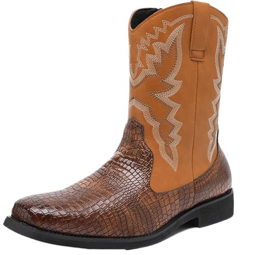 CHICMARK Herren Weite Passform Krokodilmuster Stickerei Westernstiefel Schlupfdesign Komfort Rund Zehe (Braun, 42 EU) von CHICMARK