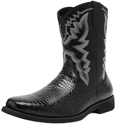 CHICMARK Herren Weite Passform Krokodilmuster Stickerei Westernstiefel Schlupfdesign Komfort Rund Zehe (Schwarz, 41 EU) von CHICMARK