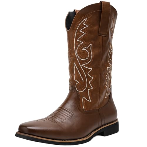 CHICMARK Herren Weite Passform Western Stiefel Schlupfdesign Komfort Rund Zehe (Braun, 47 EU) von CHICMARK