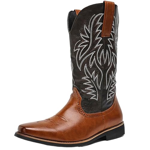CHICMARK Herren Weite Passform Westernstiefel Rund Zehe Schlupfdesign Rutschfeste Gummisohle (Braun, 44 EU) von CHICMARK