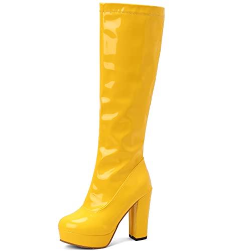 CHICMARK Kniehohe Damen-Plateaustiefel mit superhohen Blockabsätzen und Runder Zehenpartie für Partys (Gelb, 38) von CHICMARK