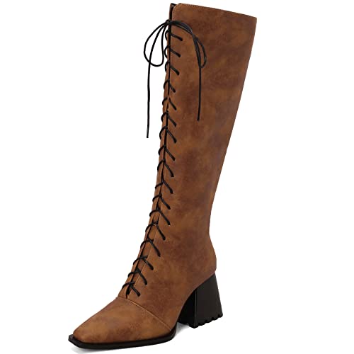 CHICMARK Kniehohe Retro-Schnürstiefel für Damen mit Kunstpelzfutter und Blockabsatz (Braun, 39) von CHICMARK