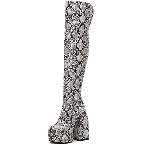 CHICMARK Overknee-/Oberschenkelhohe Damen-Stiefel mit Superhohem Blockabsatz und Runder Zehenpartie für Partys/Dating (Weiß, 38) von CHICMARK
