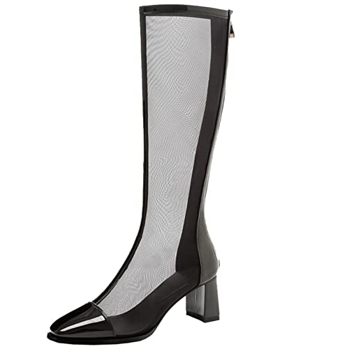 CHICMARK Sommer Kühl Atmungsaktive Mesh Knöchel/Knie High Stiefel mit Blockabsätzen und Rückenreißverschlüssen für Damen (Schwarz, 36) von CHICMARK