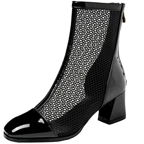 CHICMARK Sommer Kühl Atmungsaktive Mesh Knöchel/Knie High Stiefel mit Blockabsätzen und Rückenreißverschlüssen für Damen (Schwarz, 43) von CHICMARK