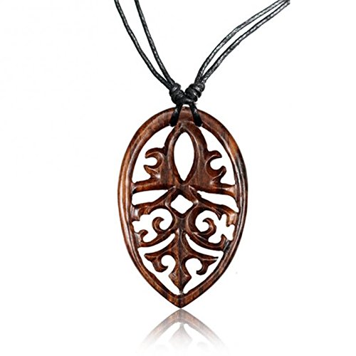 CHICNET® Holzkette Blatt Ornament Maske Holz gemasert Sonoholz Baumwolle Unisex verstellbar Tribal Halskette Damen Herren Kette Maori Azteken Maya Polynesian Style von CHICNET