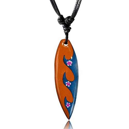 CHICNET® Surferkette orange blau Wellen Blumen Holzkette Sonoholz Unisex verstellbar von CHICNET