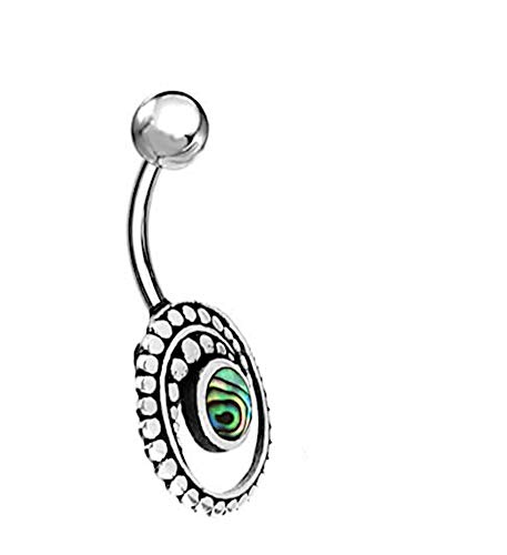 CHICNET Bauchnabel Bananen Piercing Damen Herren Nabelpiercing aus Edelstahl und Silber, Stab 1.6 x 9mm, Stein oder Muschel Inlay, 16mm Punkte Spirale Paua von CHICNET