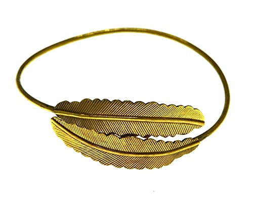 CHICNET Brass Armreif antik golden zwei Federn schmal Lorbeer Kranz Blätter Armspange Arm Schmuck Messing gold dunkel oxidiert von CHICNET