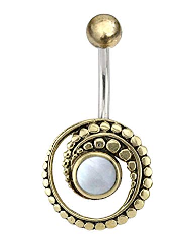 CHICNET Damen Herren Bauchnabel Bananen Piercing Nabelpiercing aus Edelstahl und Brass, Gold Silber, Stab 1.6 x 10mm, Stein oder Muschel Inlay, Punkte Spirale von CHICNET