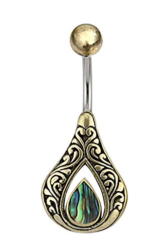 CHICNET Damen Herren Bauchnabel Bananen Piercing Nabelpiercing aus Edelstahl und Brass, Gold Silber, Stab 1.6 x 10mm, Stein oder Muschel Tropfen Inlay, Ornament Rand Paua von CHICNET