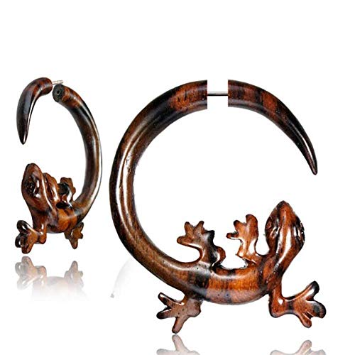 CHICNET Damen Herren Fake Piercing Dehnschnecke Dehnspirale Expander Dehner Hook aus Narraholz Holz und Edelstahl, handgeschnitzt, Gekko oder Ornament von CHICNET