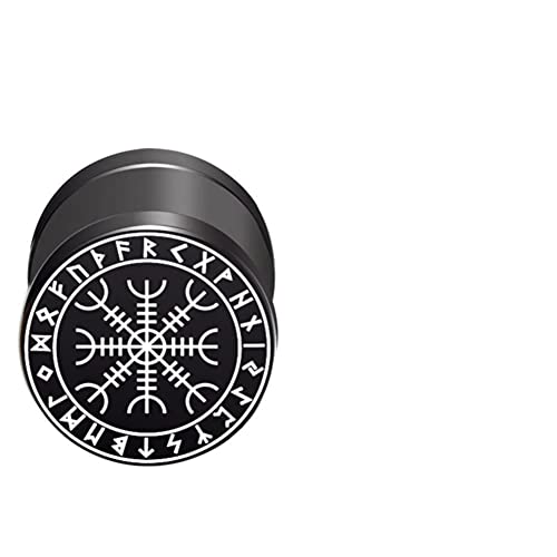 CHICNET Damen Herren Fake Plug Piercing Ohrstecker Ohrring aus Edelstahl in schwarz Silber, Schraubverschluss, 10mm rund, 6mm lang, 1.2mm Stift, Viking Celtic Nordic Awe Helm Runenrand von CHICNET