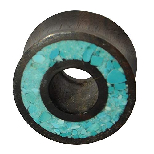 CHICNET Damen Herren Flesh Tunnel Lobe Piercing Double Flared Plug aus Eisenholz mit Crushed Türkis Rim Inlay in schwarz, 6mm bis 22mm von CHICNET