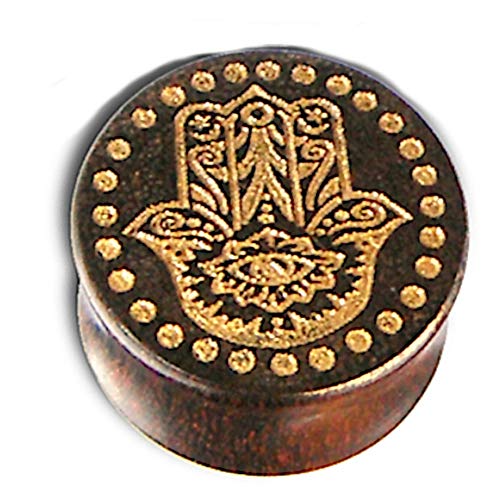 CHICNET Damen Herren Flesh Tunnel Plug Lobe Piercing aus Tamarinden Holz in braun mit Gold bemalter Lasergravur als Poor Mans Hand Khamsa Hamsa Auge der Fatima, Double Flared, 4mm bis 20mm (08 mm) von CHICNET