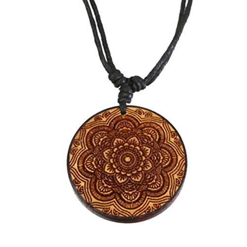 CHICNET Damen Herren Halskette Kette Holzkette Halsschmuck mit 40mm Holz Anhänger in rund aus Holz hell dunkel und Baumwolle, Gravur Blume indisch Mandala, verstellbar von CHICNET