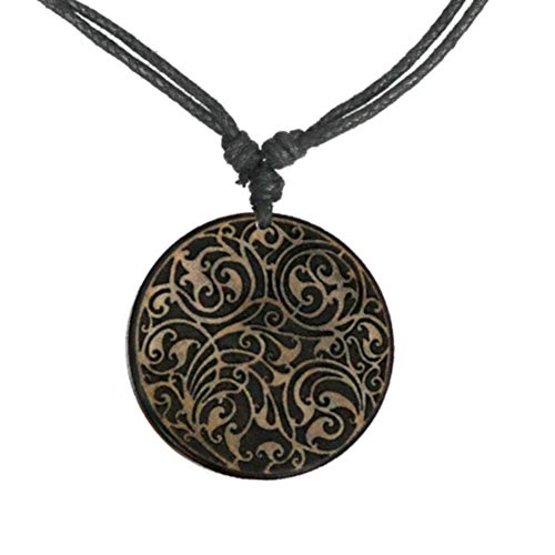 CHICNET Damen Herren Halskette Kette Holzkette Halsschmuck mit 40mm Holz Anhänger in rund aus Holz hell dunkel und Baumwolle, Vintage Gravur Blumen Ranken, verstellbar CHICNET Damen Herren Halskette Kette Holzkette Halsschmuck mit 40mm Holz Anhänger in rund aus Holz hell dunkel und Baumwolle, Vintage Gravur Blumen Ranken, verstellbar von CHICNET