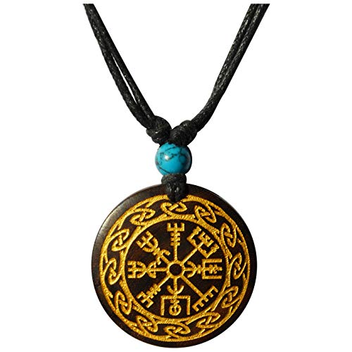 CHICNET Damen Herren Halskette Kette Holzkette Halsschmuck mit Holz Anhänger in rund aus Sonoholz Holz und Baumwolle, mit Türkis Stein, Gravur, Gold Silber bemalt, verstellbar Vegvisir Gold von CHICNET