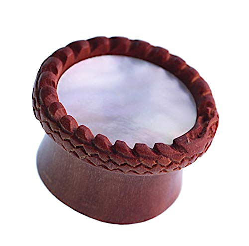 CHICNET Damen Herren Lobe Plug Flesh Tunnel aus Holz und Perlmutt Muschel Inlay in weiß braun mit Midgardschlange Viking Schlange als Rand um das runde Inlay, Weltenschlange, Double Flared von CHICNET