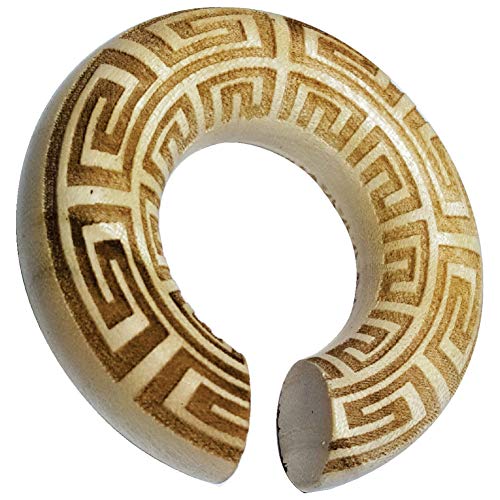 CHICNET Damen Herren Ohrgewicht Dehner Expander Ohr Piercing aus Krokodilholz Holz in hell braun, Ring Donut Dehnschnecke, Gravur griechisch eckige Spiralen, Größen 8mm - 20mm 10 mm von CHICNET