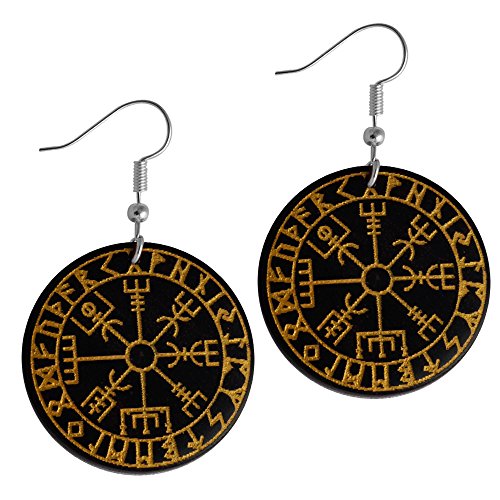 CHICNET Damen Herren Ohrringe Ohrhänger aus Sonoholz Holz und Sterlingsilber Bügel mit Gold bemalter Gravur, Vegvisir Runen Kompass Wikinger Viking von CHICNET