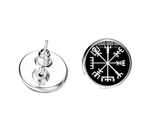 CHICNET Damen Herren Ohrstecker Ohrringe Ohrschmuck aus Glas Zinklegierung rund 12mm, Motive Celtic Viking Nordic Norse Folk Ethno Runen Ohr Schmuck Vegvisir schwarz weiß von CHICNET