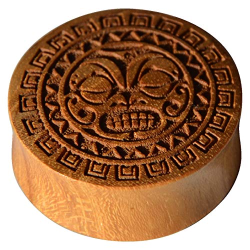 CHICNET Damen Herren Plug Flesh Tunnel Lobe Piercing Dehner aus Teakholz Holz, Gravur Krieger Maske Sonne, Double Flared, 22mm bis 30mm 10 mm von CHICNET