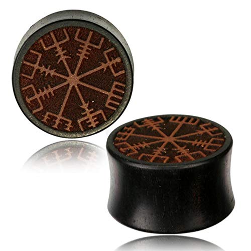 CHICNET Damen Herren Plug Flesh Tunnel Ohr Piercing Dehner aus Arangholz Holz mit Gravur Inlay, Double Flared, braun Dunkelbraun, Wikinger Kompass Runen Viking Vegvisir 30 mm von CHICNET